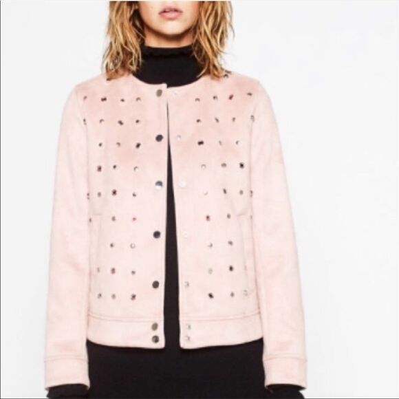 Zara Pastel Pink Faux Suede Studded Jacket Size S Collarless - Picture 1 of 14